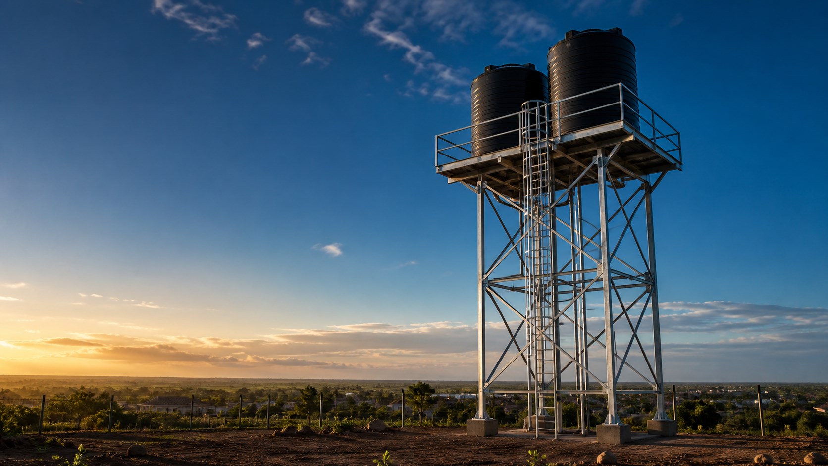 Elevated twin-tank water tower in the Kenyan landscape